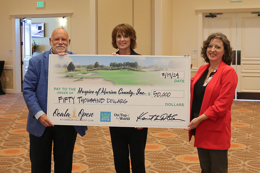 Ocala Open benefitting charity Hospice of Marion County receiving their $50,000 donation Candler Hills Golf Club at On Top of the World Communities.